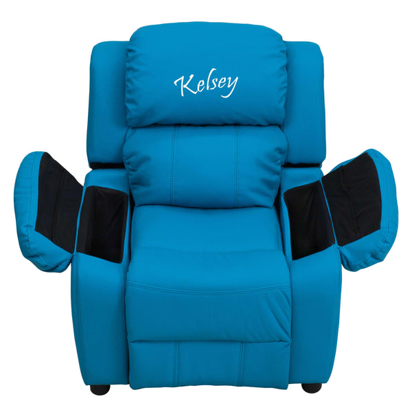 Turquoise Vinyl |#| Personalized Deluxe Padded Turquoise Vinyl Kids Recliner with Storage Arms