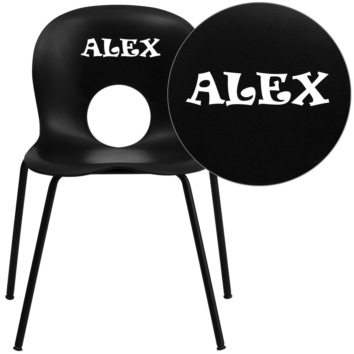 Black |#| Personalized 770 lb. Capacity Designer Black Plastic Stack Chair w/ Black Frame