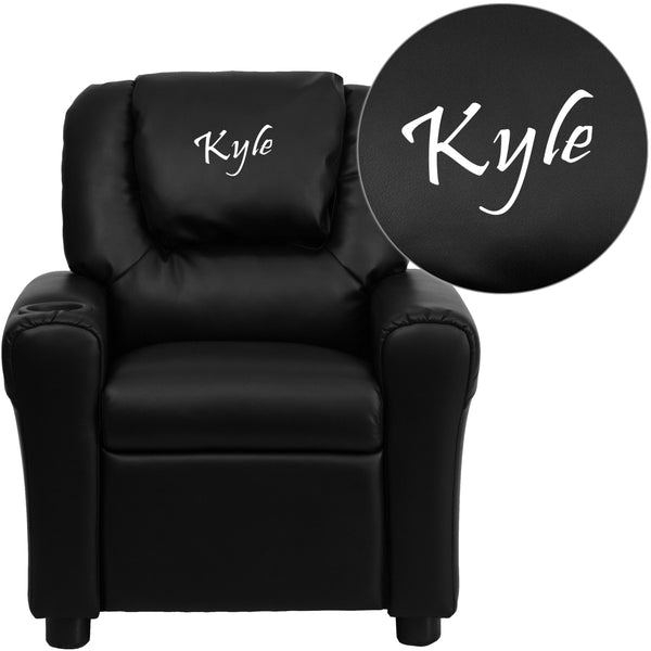 Black LeatherSoft |#| Personalized Black LeatherSoft Kids Recliner with Cup Holder and Headrest