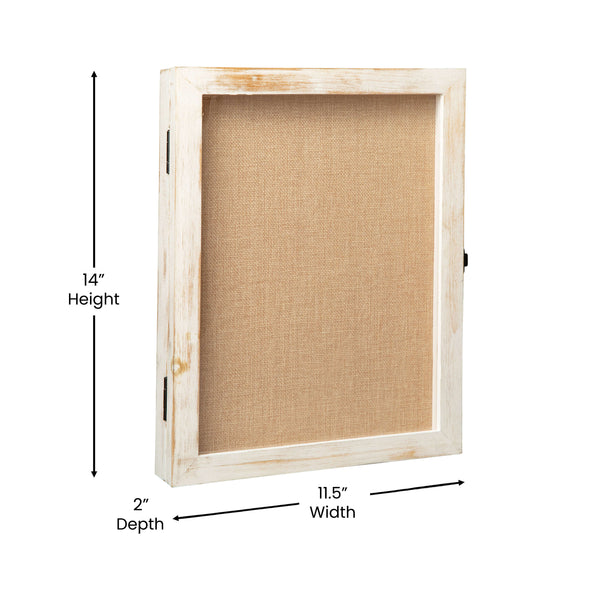 White Wash,11.5"W x 2"D x 14"H |#| Solid Pine Whitewash Shadow Display Case with Linen Liner - 11 x 14