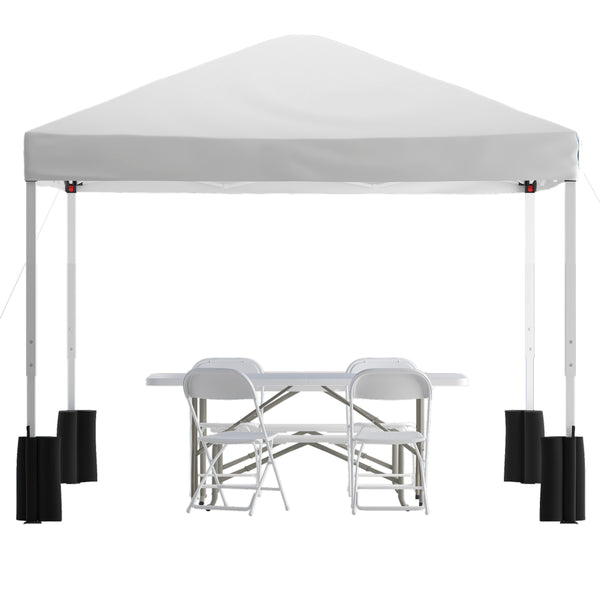 White |#| 10' x 10' White Pop Up Canopy, Folding Table and 4 White Folding Chairs Bundle