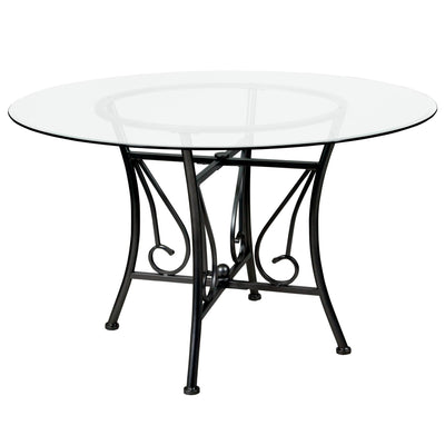 Princeton 48'' Round Glass Dining Table with Curl Accent Matte Metal Frame - View 1