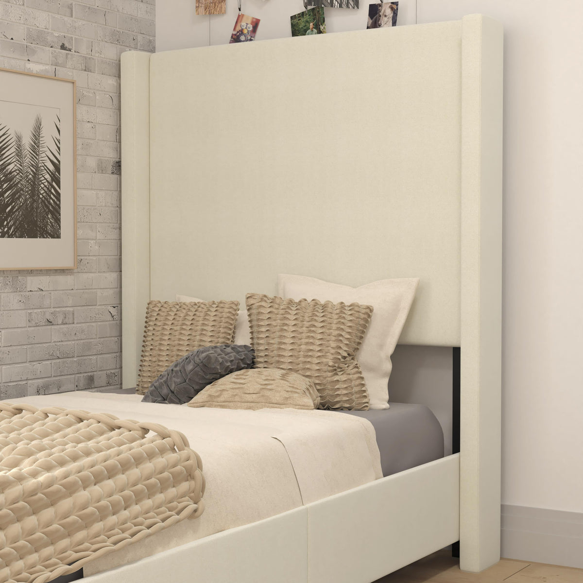 Beige,Twin |#| Twin Size Upholstered Platform Bed with Channel Stitched Headboard in Beige