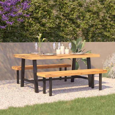 Rafe Commercial Grade Acacia Wood Dining Table with Metal Base, Indoor/Outdoor Rectangle Patio Table with Plank Style Table Top