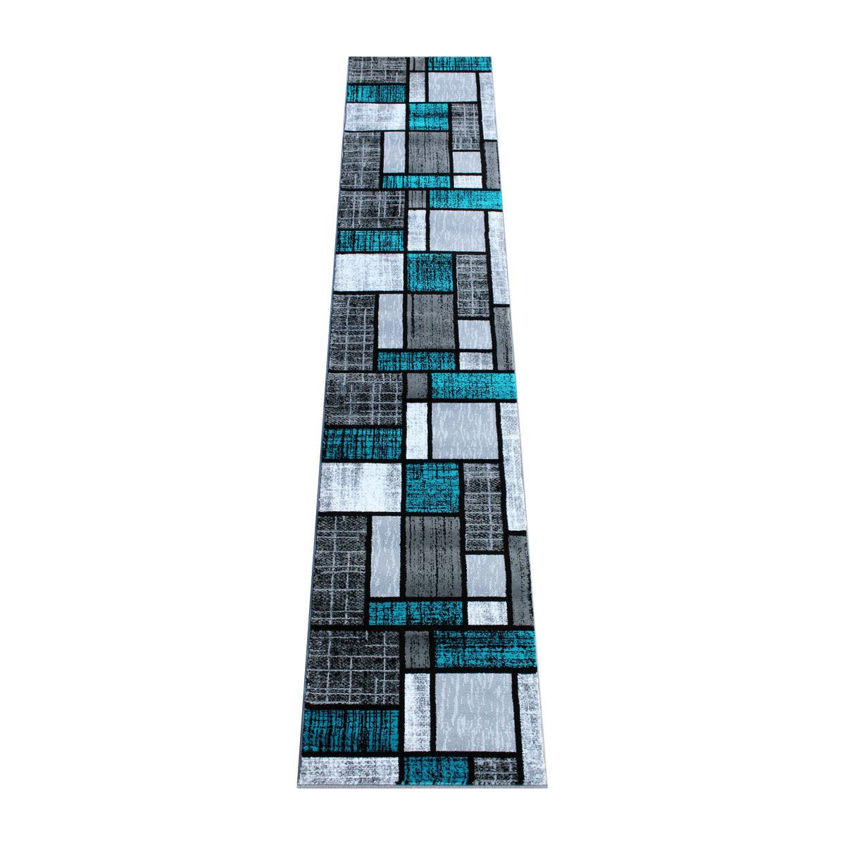 Turquoise,2' x 11' |#| Modern Geometric Color Block Area Rug - Turquoise, Black, & Gray - 2' x 11'