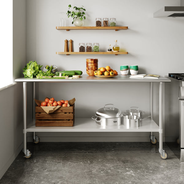 72"W x 30"D |#| Commercial Stainless Steel 18 Gauge Work Table with Undershelf and Casters-30x72