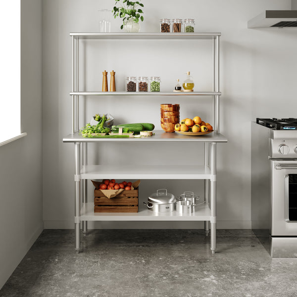 48"W x 24"D |#| Commercial Stainless Steel Work Table with 2 Overshelves and Undershelves-24x48