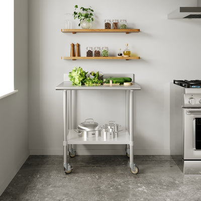 Commercial Stainless Steel Work Table with 4" Backsplash- Adj. Undershelf-30x36 - View 2