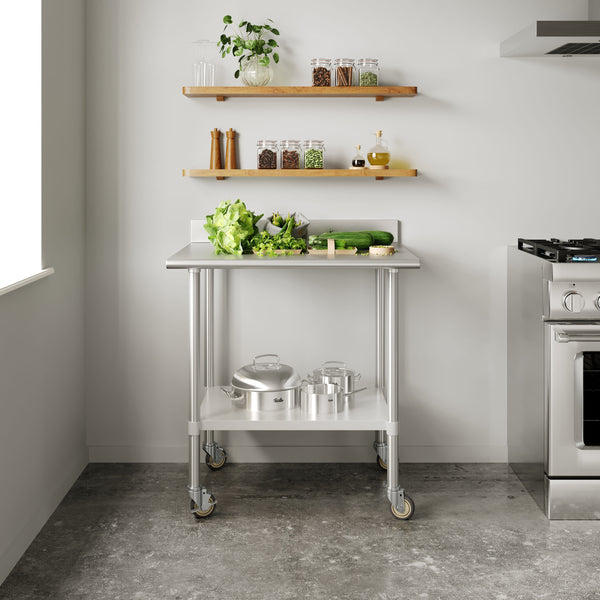 36"W x 30"D |#| Commercial Stainless Steel Work Table with 4" Backsplash- Adj. Undershelf-30x36