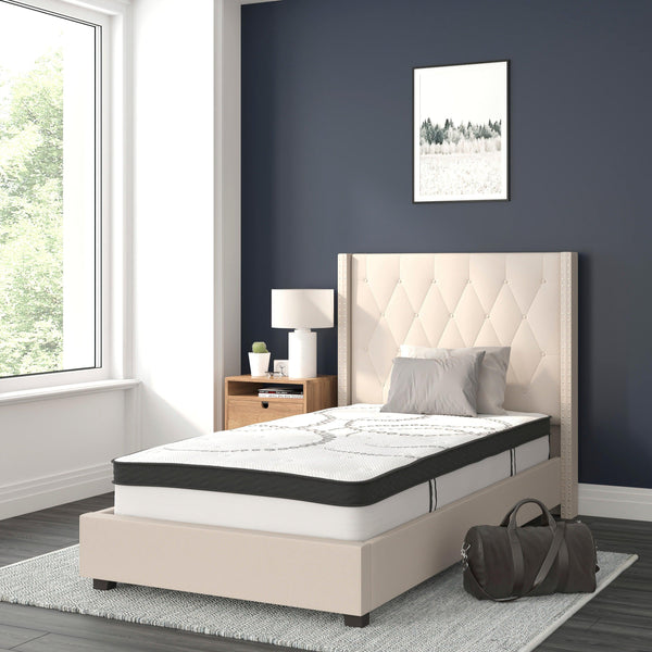 Beige,Twin |#| Twin Tufted Platform Bed in Beige Fabric with 10 Inch Pocket Spring Mattress