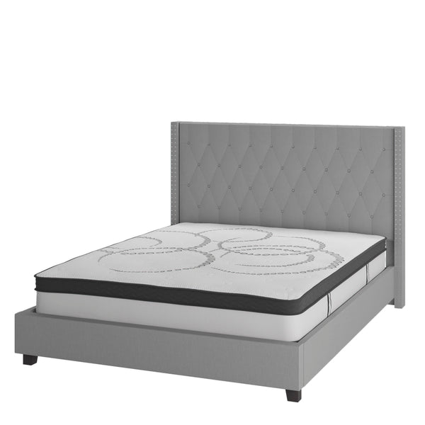 Light Gray,King |#| King Tufted Platform Bed in Light Gray Fabric with 10in. Pocket Spring Mattress