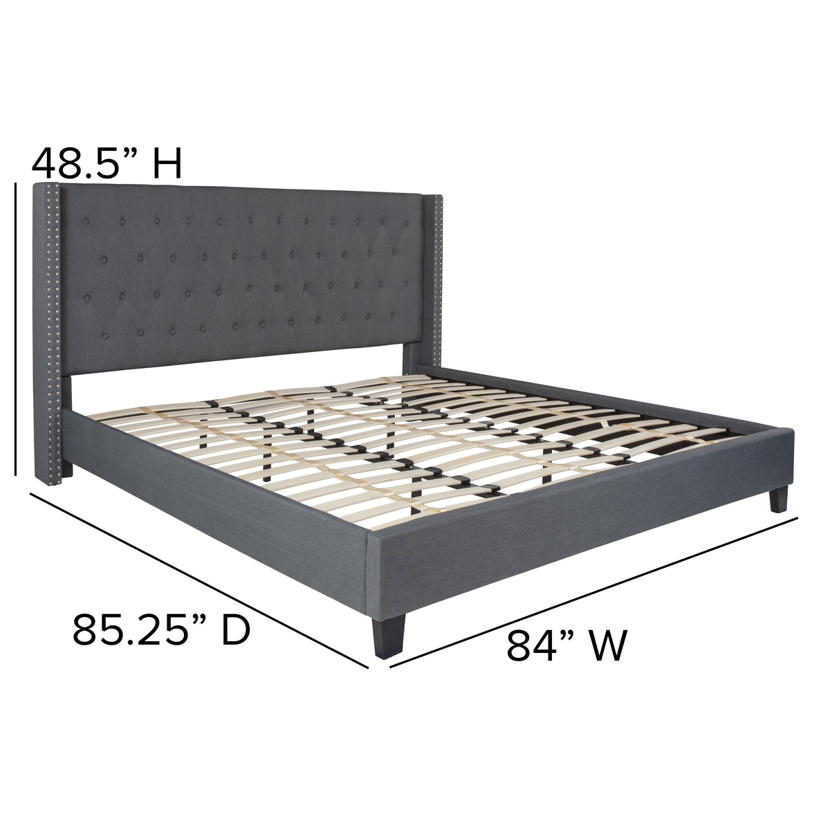 Dark Gray,King |#| King Size Tufted Dk Gray Fabric Platform Bed w/ Accent Nail Trim Extended Sides