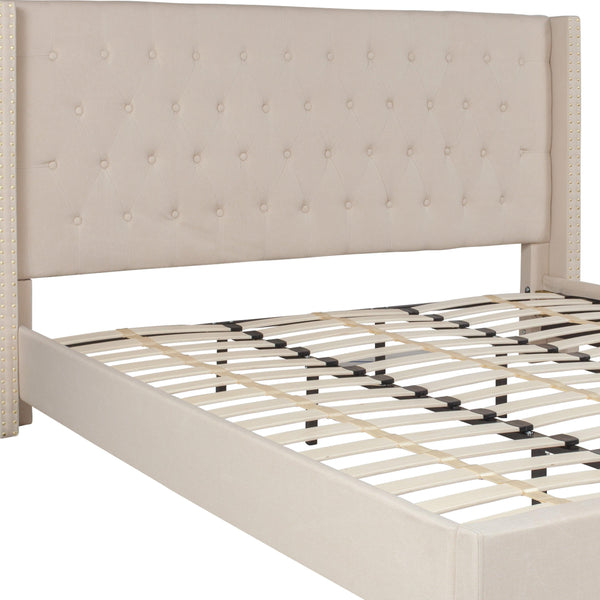 Beige,King |#| King Size Tufted Beige Fabric Platform Bed w/ Accent Nail Trimmed Extended Sides
