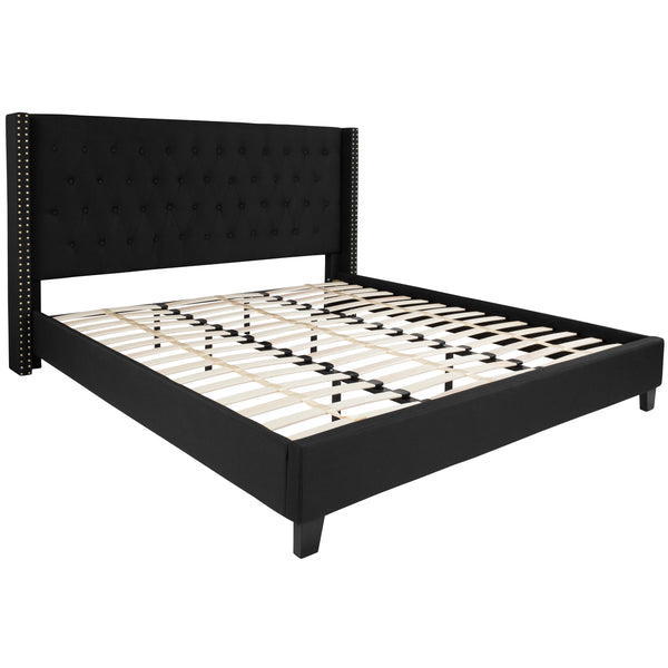 Black,King |#| King Size Tufted Black Fabric Platform Bed w/ Accent Nail Trimmed Extended Sides
