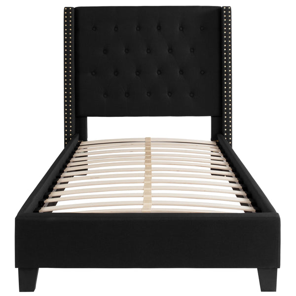 Black,Twin |#| Twin Size Tufted Black Fabric Platform Bed w/ Accent Nail Trimmed Extended Sides