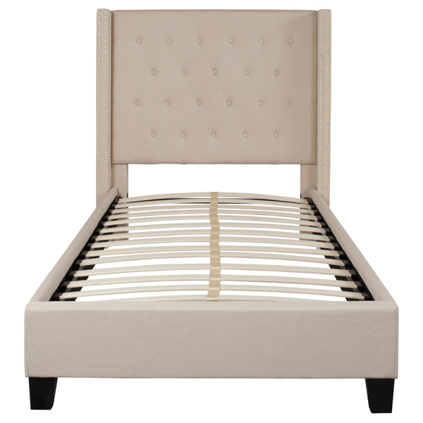 Beige,Twin |#| Twin Size Tufted Beige Fabric Platform Bed w/ Accent Nail Trimmed Extended Sides