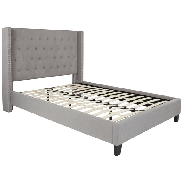 Light Gray,Full |#| Full Size Tufted Lt Gray Fabric Platform Bed w/ Accent Nail Trim Extended Sides