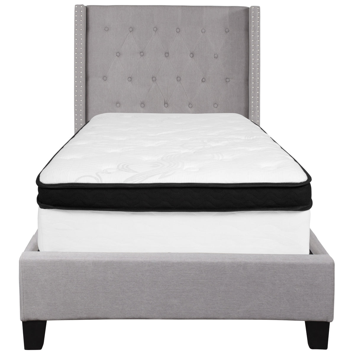 Light Gray,Twin |#| Twin Size Tufted Light Gray Fabric Platform Bed with Accent Nail Trim & Mattress
