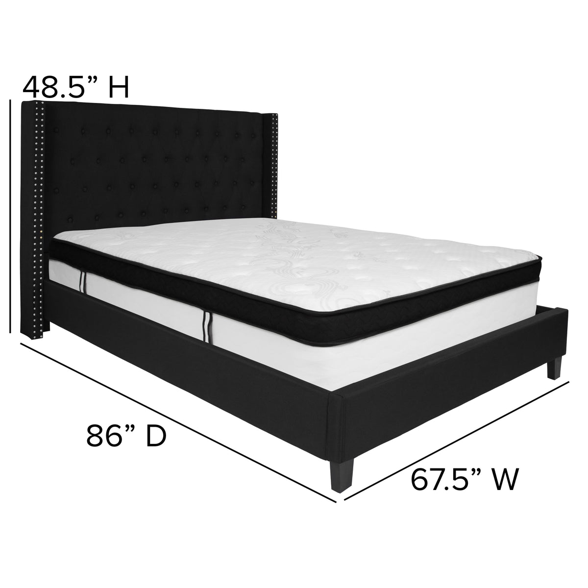 Black,Queen |#| Queen Size Tufted Black Fabric Platform Bed with Accent Nail Trim & Mattress