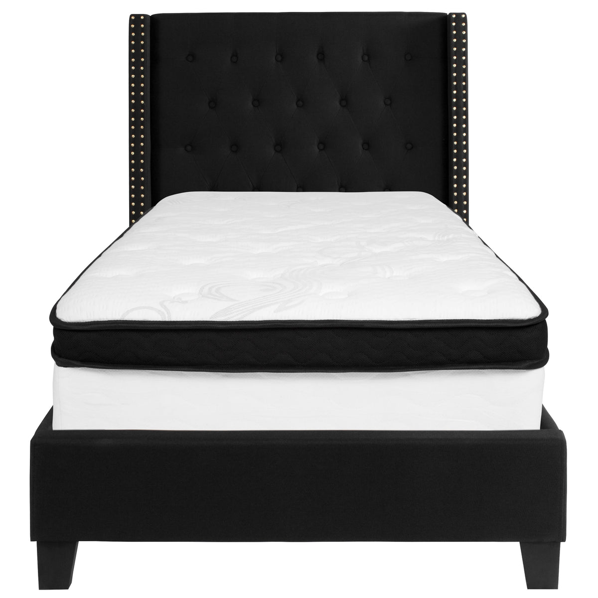 Black,Twin |#| Twin Size Tufted Black Fabric Platform Bed with Accent Nail Trim & Mattress