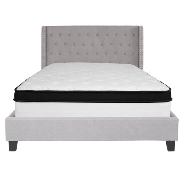 Light Gray,Queen |#| Queen Size Tufted Lt Gray Fabric Platform Bed with Accent Nail Trim & Mattress