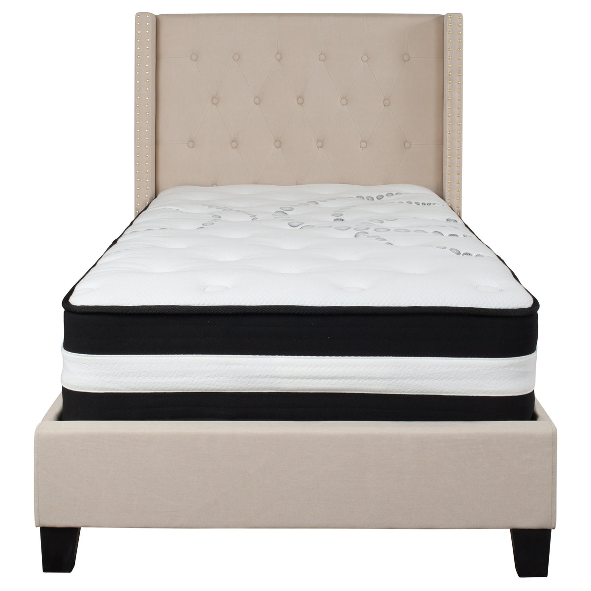 Beige,Twin |#| Twin Size Tufted Beige Fabric Platform Bed with Accent Nail Trim & Mattress