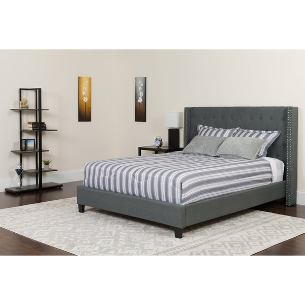 Dark Gray,King |#| King Size Tufted Dark Gray Fabric Platform Bed with Accent Nail Trim & Mattress