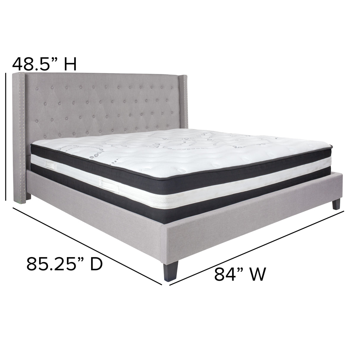 Light Gray,King |#| King Size Tufted Light Gray Fabric Platform Bed with Accent Nail Trim & Mattress