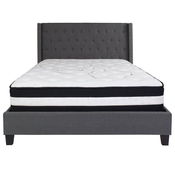 Dark Gray,Queen |#| Queen Size Tufted Dark Gray Fabric Platform Bed with Accent Nail Trim & Mattress