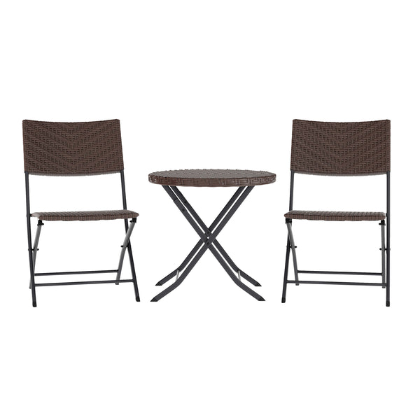 Brown |#| 3PC Brown and Black Indoor/Outdoor PE Rattan Folding Bistro Set