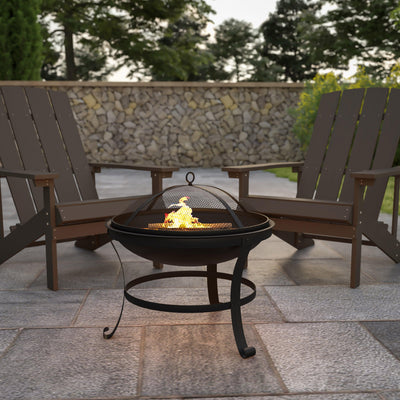 Round Wood Burning Firepit with Mesh Spark Screen and Poker - View 2