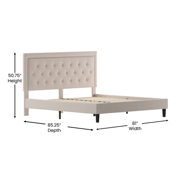Beige,King |#| King Size Panel Tufted Upholstered Platform Bed in Beige Fabric