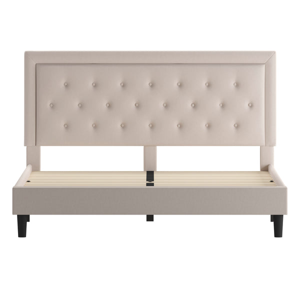 Beige,King |#| King Size Panel Tufted Upholstered Platform Bed in Beige Fabric