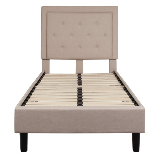 Beige,Twin |#| Twin Size Panel Tufted Upholstered Platform Bed in Beige Fabric