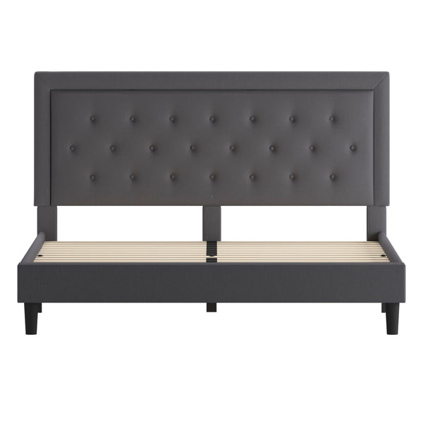 Dark Gray,King |#| King Size Panel Tufted Upholstered Platform Bed in Dark Gray Fabric