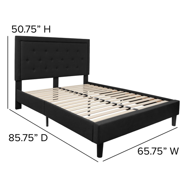 Black,Queen |#| Queen Size Panel Tufted Upholstered Platform Bed in Black Fabric