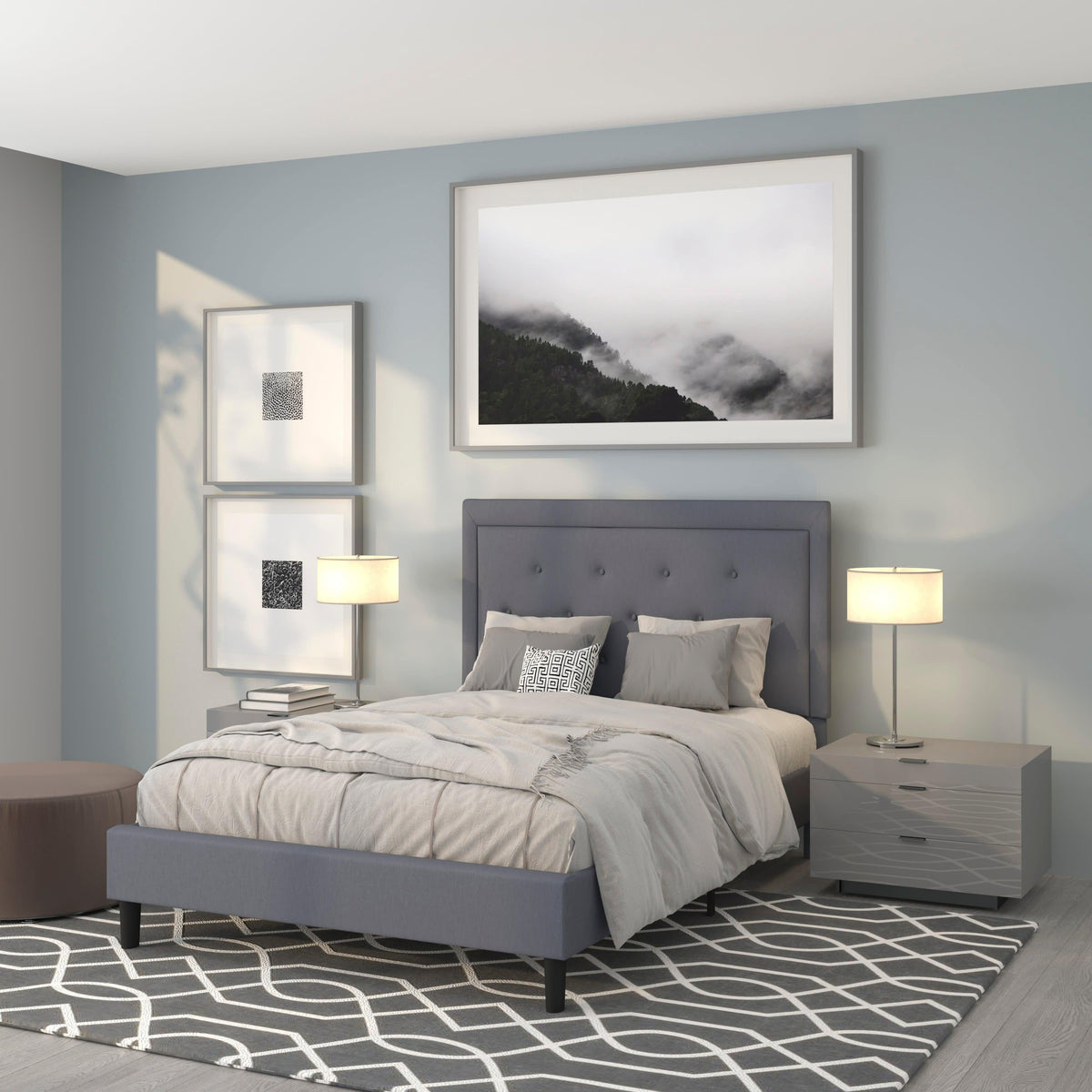 Light Gray,Full |#| Full Size Panel Tufted Upholstered Platform Bed in Light Gray Fabric