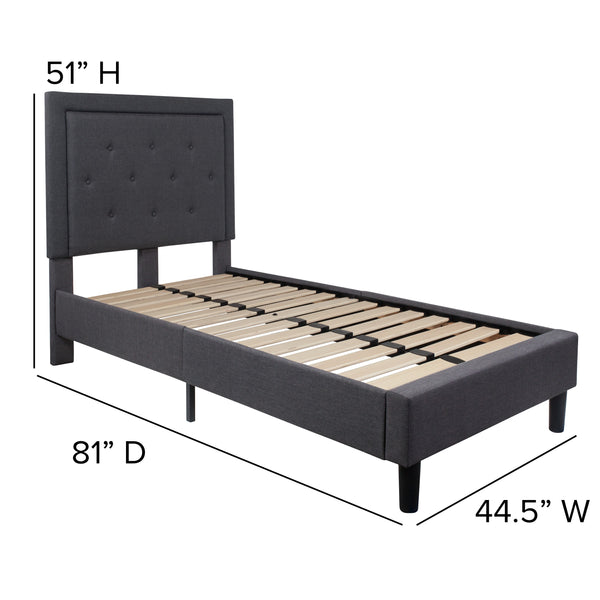 Dark Gray,Twin |#| Twin Size Panel Tufted Upholstered Platform Bed in Dark Gray Fabric