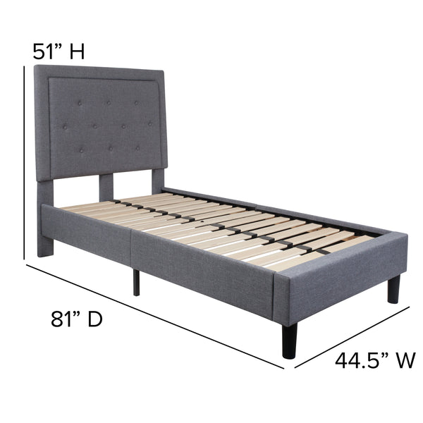 Light Gray,Twin |#| Twin Size Panel Tufted Upholstered Platform Bed in Light Gray Fabric