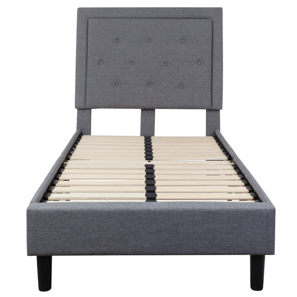 Light Gray,Twin |#| Twin Size Panel Tufted Upholstered Platform Bed in Light Gray Fabric