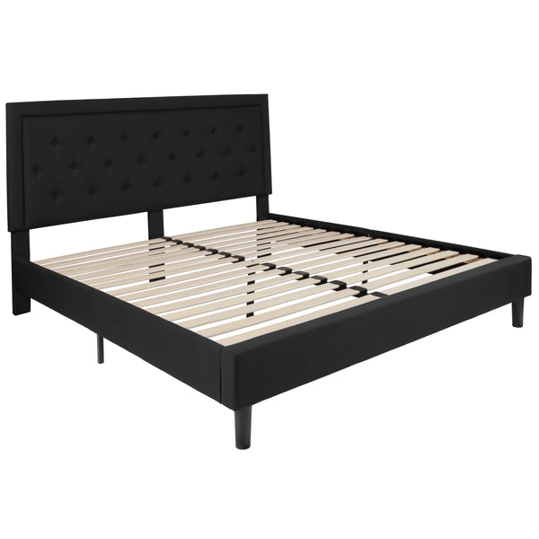 Black,King |#| King Size Panel Tufted Upholstered Platform Bed in Black Fabric