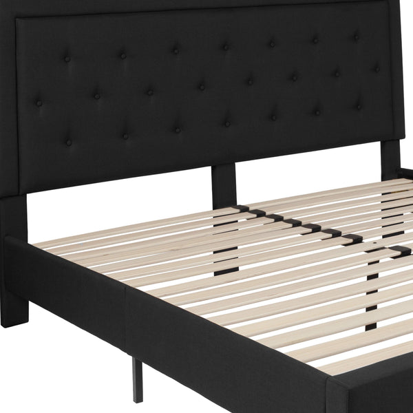 Black,King |#| King Size Panel Tufted Upholstered Platform Bed in Black Fabric