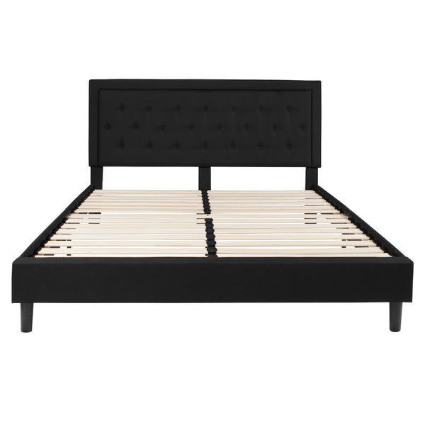 Black,King |#| King Size Panel Tufted Upholstered Platform Bed in Black Fabric