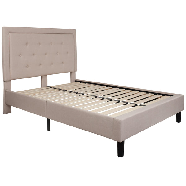 Beige,Full |#| Full Size Panel Tufted Upholstered Platform Bed in Beige Fabric