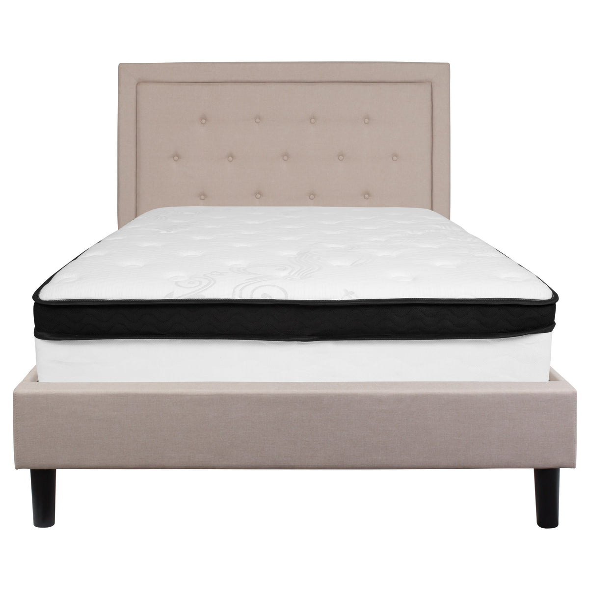 Beige,Full |#| Full Size Panel Tufted Beige Fabric Platform Bed with Memory Foam Mattress