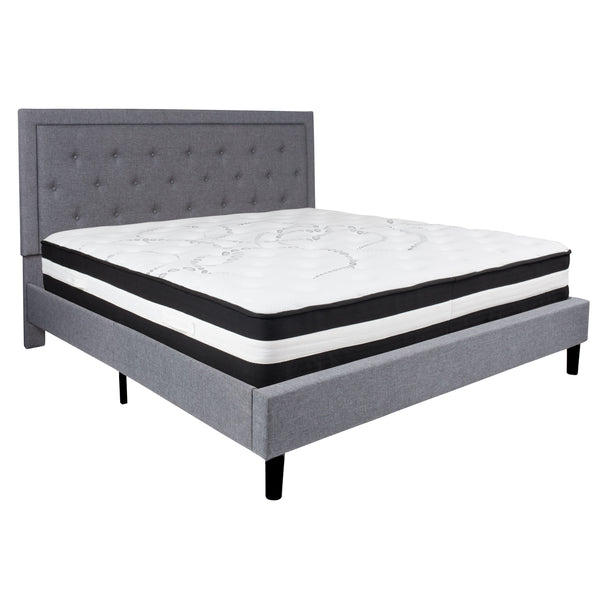 Light Gray,King |#| King Size Panel Tufted Lt Gray Fabric Platform Bed with Pocket Spring Mattress