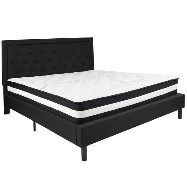 Black,King |#| King Size Panel Tufted Black Fabric Platform Bed with Pocket Spring Mattress