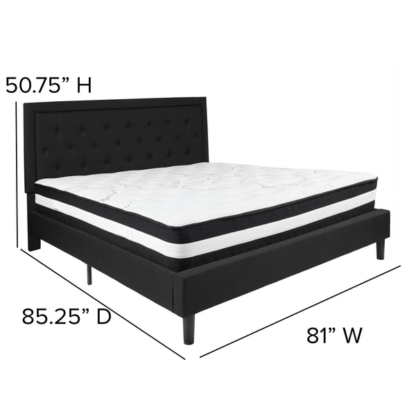 Black,King |#| King Size Panel Tufted Black Fabric Platform Bed with Pocket Spring Mattress