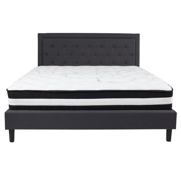 Dark Gray,King |#| King Size Panel Tufted Dk Gray Fabric Platform Bed with Pocket Spring Mattress