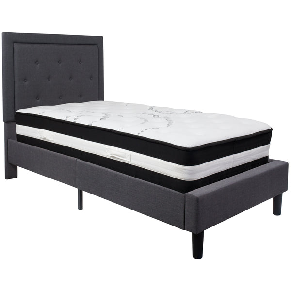 Dark Gray,Twin |#| Twin Size Panel Tufted Dk Gray Fabric Platform Bed with Pocket Spring Mattress